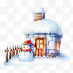 雪屋围栏冬天雪人卡通手绘元素