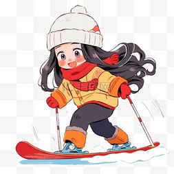 红色围脖手绘图片_冬天女孩滑雪手绘卡通元素
