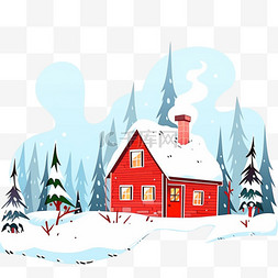 手绘冬天红色的雪屋树木卡通元素