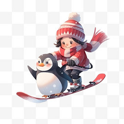 可爱的男孩小企鹅滑雪卡通手绘冬