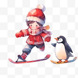 滑雪的男孩图片_卡通冬天可爱的男孩小企鹅滑雪手