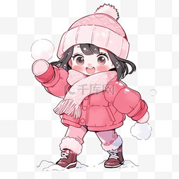冬天女孩玩雪球手绘元素卡通