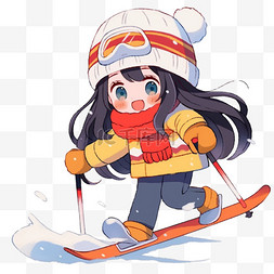 冬天女孩卡通手绘滑雪元素