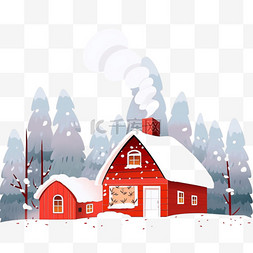 卡通冬天红色的雪屋树木手绘元素