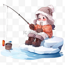 冬天卡通可爱女孩湖边钓鱼手绘元
