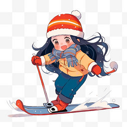 卡通冬天女孩滑雪手绘元素