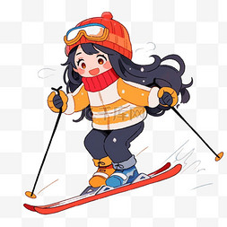 红色围脖手绘图片_冬天手绘女孩滑雪卡通元素