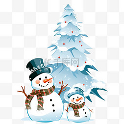 浅蓝色背景纯色图片_手绘圣诞节雪人松树卡通元素