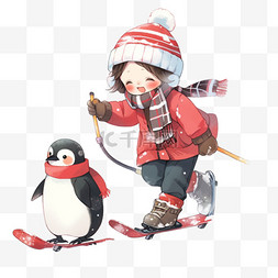 可爱的男孩小企鹅冬天滑雪卡通手