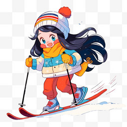 红色围脖手绘图片_冬天滑雪女孩卡通手绘元素