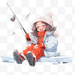 钓鱼的女孩图片_可爱女孩湖边钓鱼卡通手绘冬天元