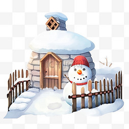 木质围栏手绘图片_冬天雪屋围栏雪人手绘元素卡通