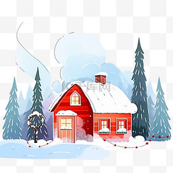 手绘烟囱的烟图片_红色的雪屋树木卡通手绘冬天元素