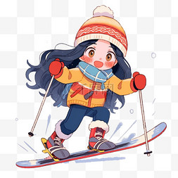 红色围脖手绘图片_冬天女孩滑雪卡通手绘元素