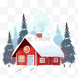 冬天手绘元素红色的雪屋树木卡通
