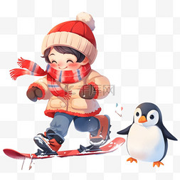冬天可爱的男孩小企鹅滑雪手绘卡