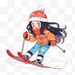 穿着红色鞋的女孩图片_冬天卡通手绘女孩滑雪元素