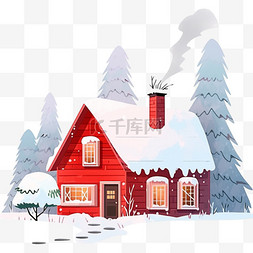 树木背景卡通图片_红色的雪屋树木冬天卡通手绘元素