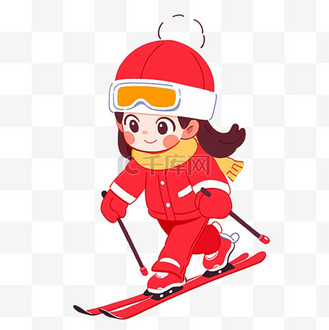 冬天卡通手绘可爱女孩滑雪元素