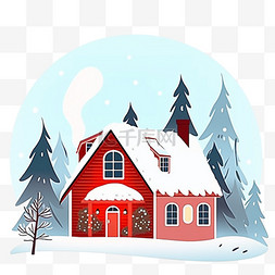 冬天手绘红色的雪屋树木卡通元素