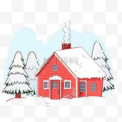 蓝色冬天背景图片_冬天红色的雪屋树木手绘卡通元素