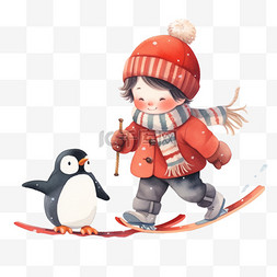 企鹅滑雪图片_冬天可爱的男孩小企鹅小企鹅卡通