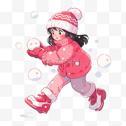 冬天女孩玩卡通手绘雪球元素