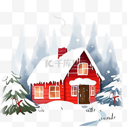 蓝色冬天背景图片_冬天红色的雪屋树木手绘元素卡通