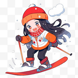 穿着红色鞋的女孩图片_冬天女孩滑雪手绘元素卡通
