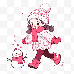 女孩玩雪球卡通手绘冬天元素