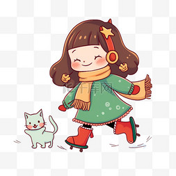绿色背景配色图片_可爱女孩滑冰卡通冬天手绘元素