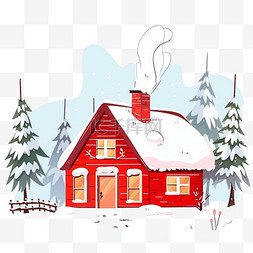 手绘元素冬天红色的雪屋树木卡通