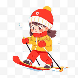 黄色简约背景素材图片_可爱女孩滑雪卡通冬天手绘元素