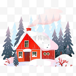 烟囱的烟图片_冬天红色的雪屋手绘树木卡通元素