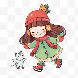 穿着红色鞋的女孩图片_冬天可爱女孩卡通滑冰手绘元素
