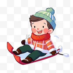 冬天卡通手绘可爱男孩滑雪撬元素