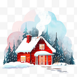 冬天雪松树图片_冬天红色的雪屋卡通树木手绘元素
