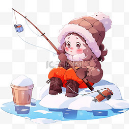 冬天可爱女孩钓鱼湖边卡通手绘元