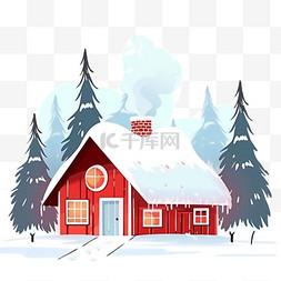 红色的雪屋冬天树木卡通手绘元素