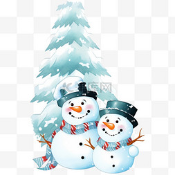 手绘背景浅蓝色图片_卡通圣诞节雪人松树手绘元素