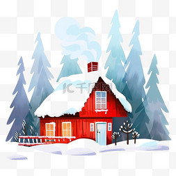 红色的雪屋树木卡通手绘元素冬天