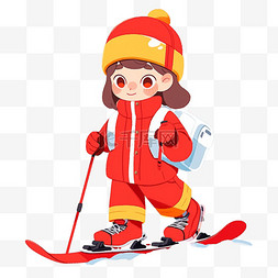 穿着红色鞋的女孩图片_可爱女孩滑雪卡通手绘冬天元素