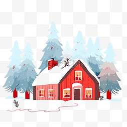 冬天树木红色的雪屋卡通手绘元素