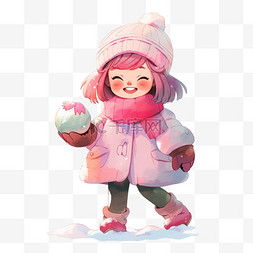 冬天卡通手绘女孩玩雪球元素