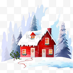 屋子里背景图片_红色的雪屋树木卡通冬天手绘元素