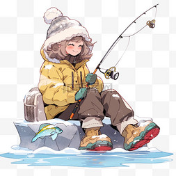 坐着钓鱼图片_可爱女孩湖边冬天钓鱼卡通手绘元