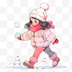 手绘元素冬天女孩玩雪球卡通