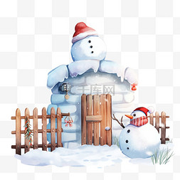 冬天雪屋围栏雪人卡通手绘元素