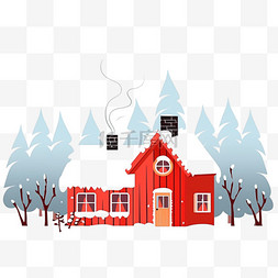 手绘烟囱的烟图片_卡通手绘冬天红色的雪屋树木元素
