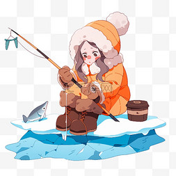 坐着钓鱼图片_冬天手绘可爱女孩湖边钓鱼卡通元